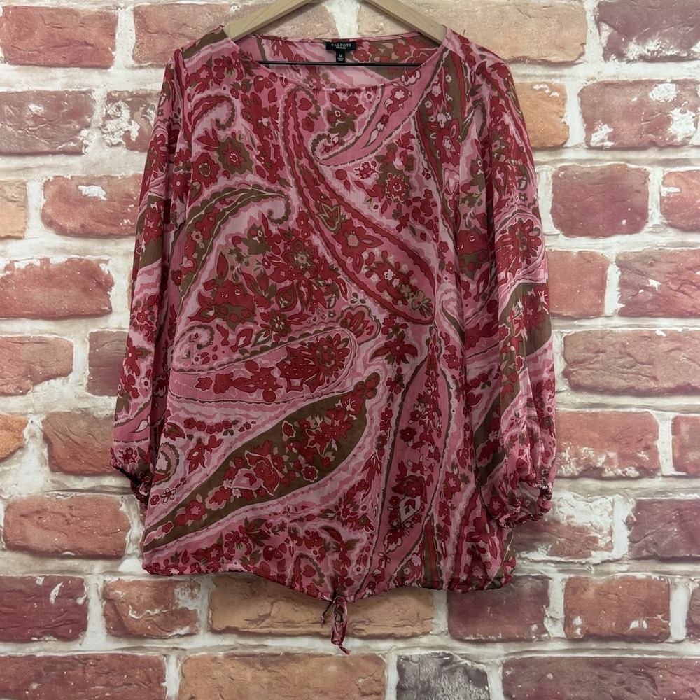 Talbots Top Women's 12 Pink Multicolor Boho Floral Paisley Sheer Chiffon Shirt